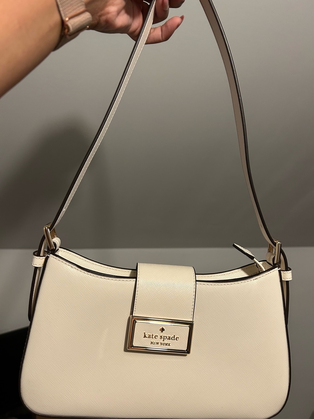 kate spade Cream Saffiano Leather Shoulder Bag with Plaque - Picture 3 of 7